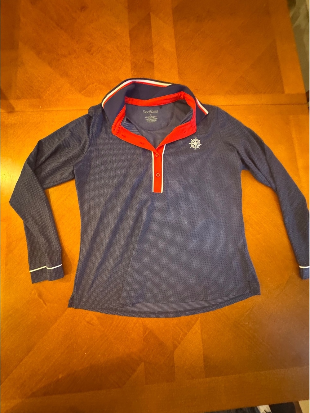 SanSoleil Navy Blue Long Sleeve Polo Shirt with Red Trim, Size Large 2604